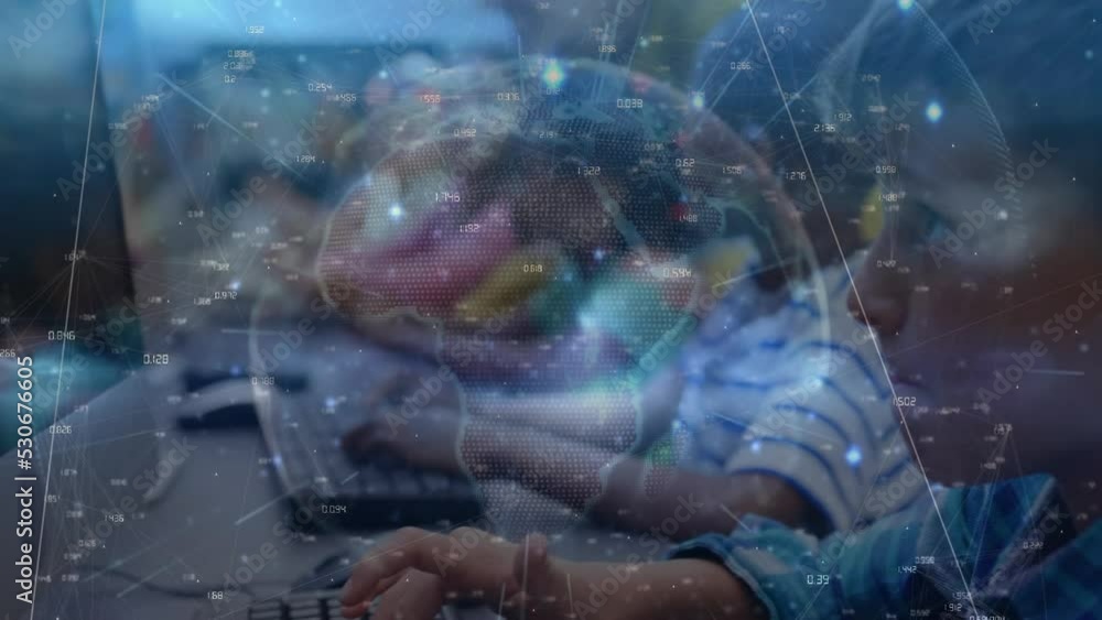 Poster animation of network of connections and globe over diverse schoolchildren using computers
