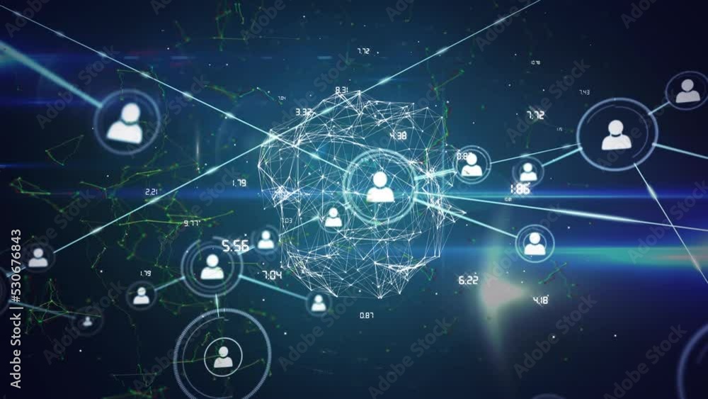 Poster animation of network of connections with icons over data processing on black background