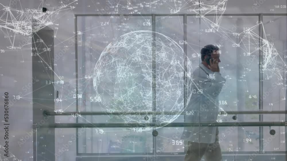 Poster animation of network of connections with globe and data processing over caucasian male doctor