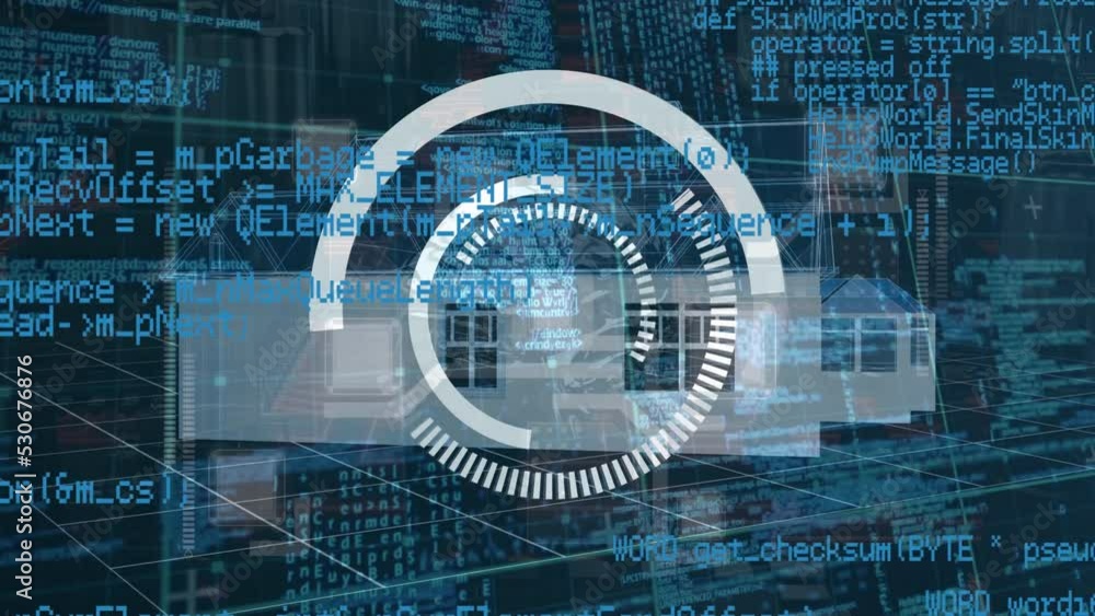 Poster animation of scope scanning over digital house and data processing on black background