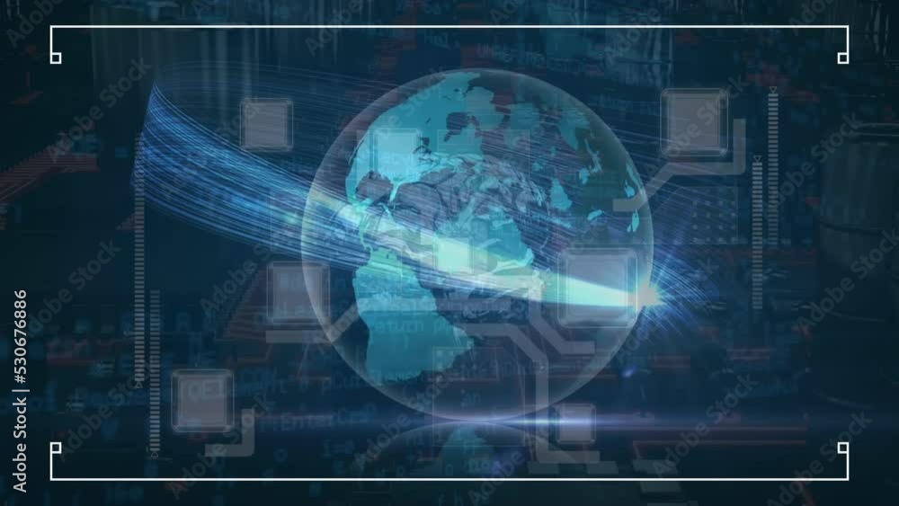 Poster animation of globe and data processing over computer circuit board
