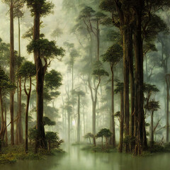 swamp in a cypress forest, lush flooded woodland with old beautiful trees