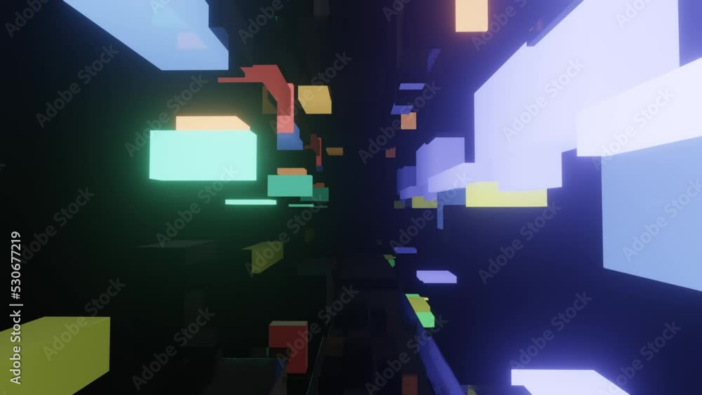 Poster Fly through mirror designs form tunnel technology cyberspace with neon glow. Sci-fi flight through design complexity. Neon light. 3d looped seamless 4k bright background.