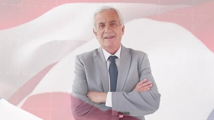 Animation of flag of usa and graph over caucasian businessman - Powered by Adobe