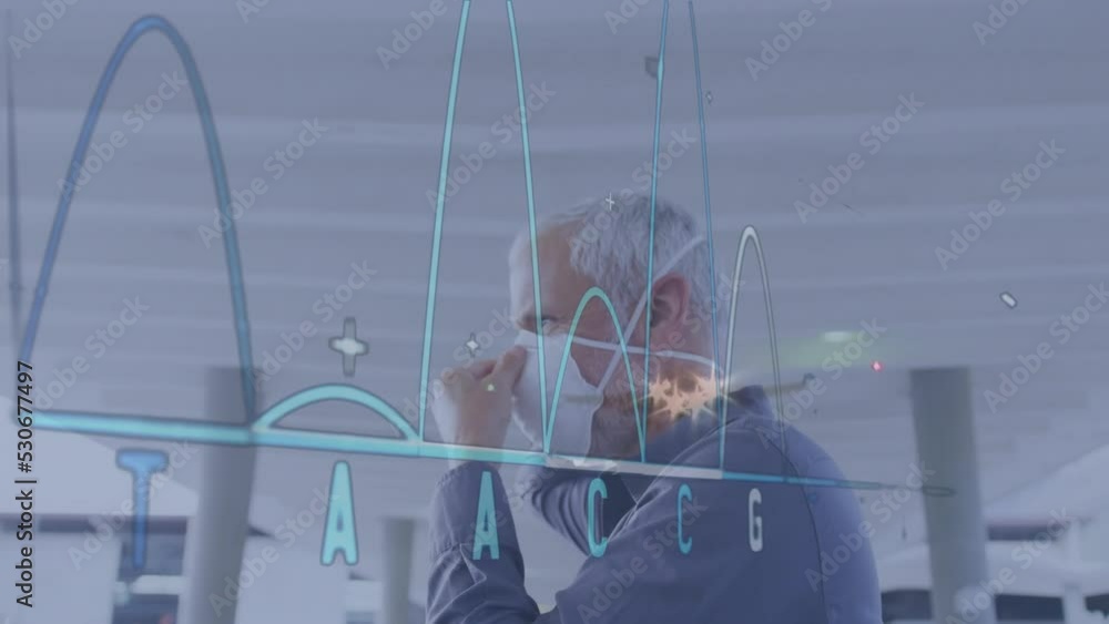 Poster animation of data processing over caucasian man with face mask
