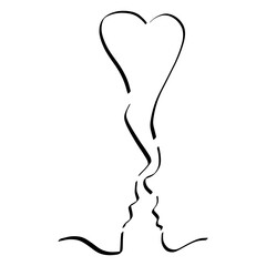 creative image of a tender kiss of a young beautiful couple, abstract black contour of faces with hearts