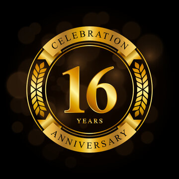 16 Year Anniversary celebration template design, with shiny ring and gold ribbon, laurel wreath isolated on black background, logo vector