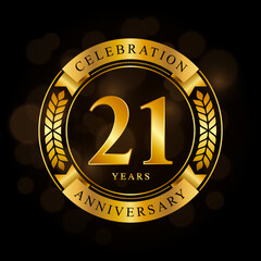 21 Year Anniversary celebration template design, with shiny ring and gold ribbon, laurel wreath isolated on black background, logo vector - obrazy, fototapety, plakaty
