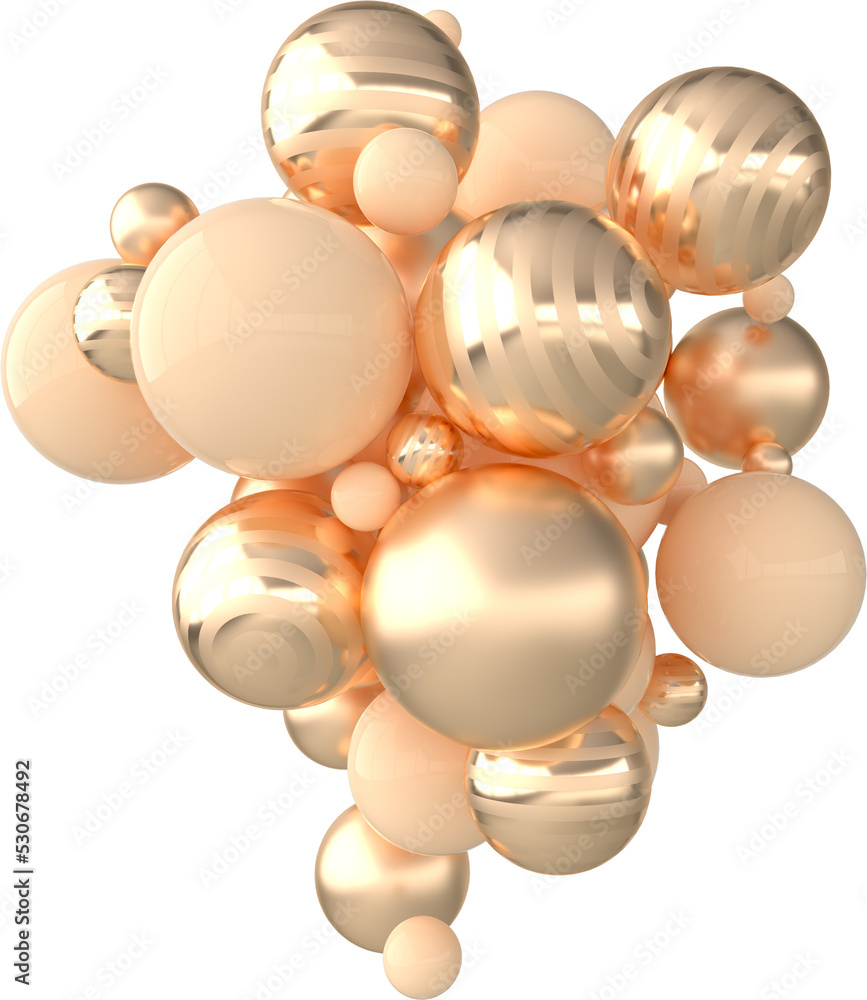 Poster 3d rendering of floating golden spheres on transparent background. abstract geometric composition.