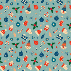 Retro seamless pattern with Christmas symbols gifts, santa claus, hats, mittens, snowflakes, sweets. Vector illustration 