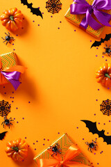 Happy Halloween holiday poster design. Halloween ornaments and gifts on orange background. Flat...