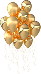3d render illustration of realistic golden balloons on transparent background. Big bunch of balloons
