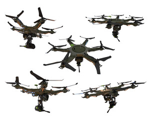 3d illustration of a fictional military drone with a weapon. x5 isolated images prepared as PNGs for quick selection.