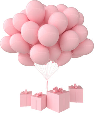 3d render illustration of realistic pink balloons and gift box with bow. Big bunch of balloons on transparent background.