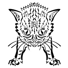 creative image of a disheveled kitten with a predatory look, black pattern on a white background