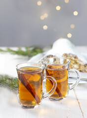 Mulled wine. Christmas mulled wine. Glass cup with mulled wine. The concept of a traditional warming drink. copy space