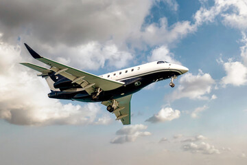 Luxury generic design private jet flying in the cloudy sky