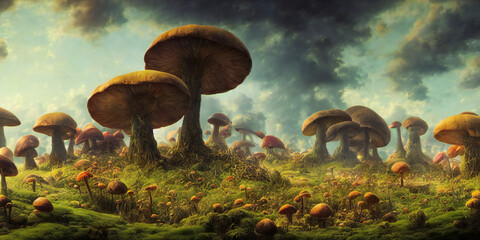 fantasy landscape with giant mushrooms - obrazy, fototapety, plakaty