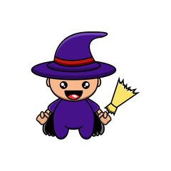 vector illustration of cute witch holding broom