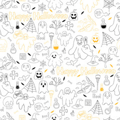 Seamless pattern Happy Halloween. Linear hand drawn doodles