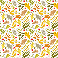 Fototapeta na wymiar Falling autumn leaves, berries, seeds and acorns seamless pattern. Vector illustration. Background for textile or book covers, wallpaper, design, graphics, printing, hobbies, invitations.