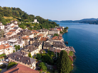 Aerial view of Orta San Giulio lake in Piedmont, italy