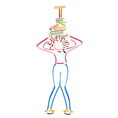 girl with tousled hair carries a large stack of books on her head, colorful sketch