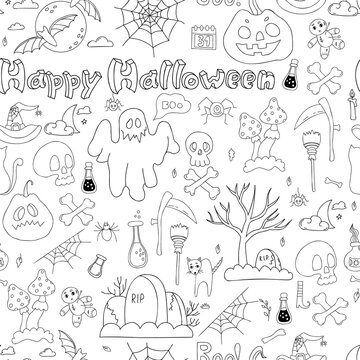 Seamless pattern Happy Halloween. Linear drawn doodles pumpkin Jack, ghost, grave, skull with crossbones and full moon with bats, scythe and broom 