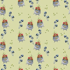 Halloween. Watercolor seamless pattern with hand drawn plants, mushroom, potion. Creative for fabric, packaging, textile, wallpaper, paper or background