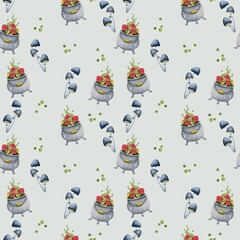 Halloween. Watercolor seamless pattern with hand drawn plants, mushroom, potion. Creative for fabric, packaging, textile, wallpaper, paper or background