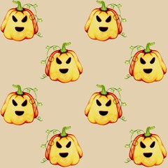 Fototapeta premium Halloween. Watercolor seamless pattern with hand drawn pumpkin. Creative for fabric, packaging, textile, wallpaper, paper or background