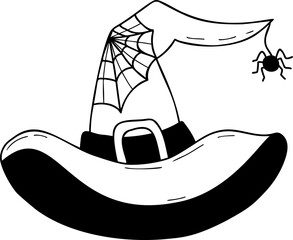 Magic witch hat. Wizardry. Hat with cobweb and spider Halloween holiday