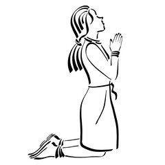 pretty young woman praying to God on her knees, black outline on white background