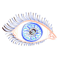 Beautiful female eye with a rainbow iris pattern and blue eyelashes, mysterious colored pattern on a white background