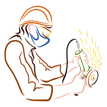 recommend clip art: man in a protective helmet, mask and glasses sawing metal with a grinder, sparks, colorful sketch, profession and work