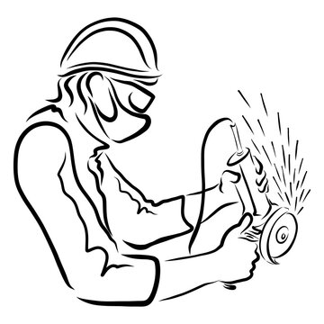 recommend clip art: man in a protective helmet, mask and glasses sawing metal with a grinder, sparks, profession and work, black sketch,