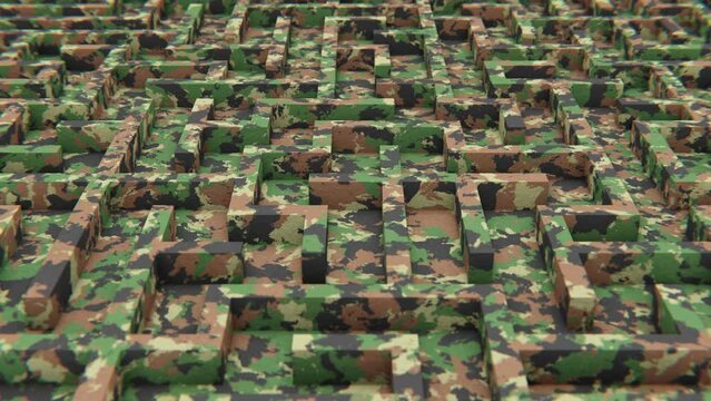 Fly over DOF camera realistic looping 3D animation of the camouflage maze rendered in UHD
