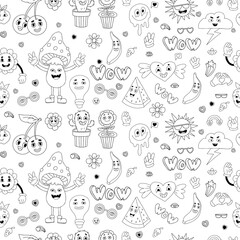 Retro seamless pattern with groovy elements . linear hand drawn doodle style. Cartoon characters with faces funky flower power, cactus flower pot, cherry, mushroom, Melting smile face and heart