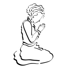 young woman in a long dress humbly prays to God on her knees