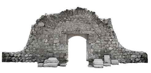 ancient architectural door with stone arcade archway and surrounding wall isolated on white...