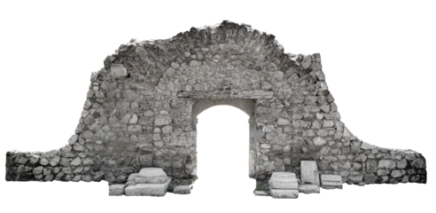 ancient architectural door with stone arcade archway and surrounding wall isolated on white background