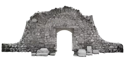 Papier Peint photo Mur ancient architectural door with stone arcade archway and surrounding wall isolated on white background