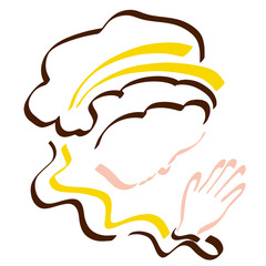 head of a young woman with a yellow ribbon on dark hair, a humble prayer to God