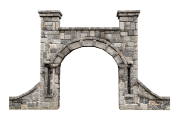 ancient architectural door with stone arcade archway and surrounding wall isolated on white background
