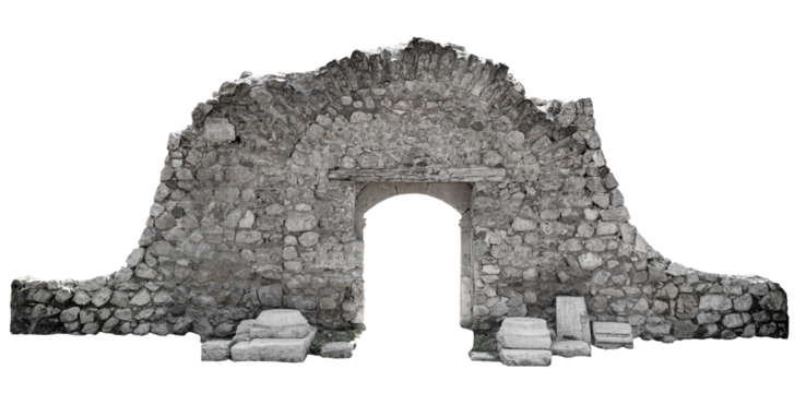 ancient architectural door with stone arcade archway and surrounding wall isolated on white background
