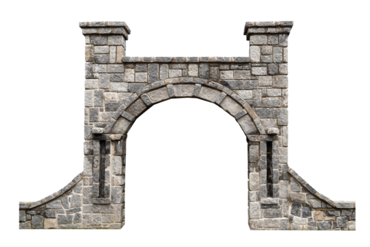 ancient architectural door with stone arcade archway and surrounding wall isolated on white background
