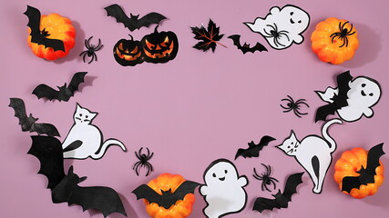 Happy halloween concept, background with pumpkins, spiders and bats in the web with place for text, greeting card or banner, template for design,