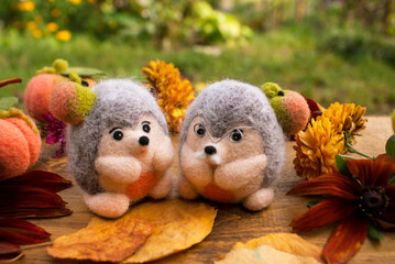 Felted grandfather and grandmother hedgehogs on a wooden background with leaves, felted pumpkins and flowers