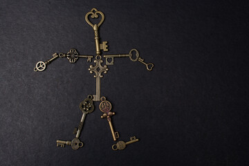 Fototapeta na wymiar Retro metal keys form a man shape