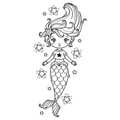 Little cute mermaid in cartoon style. Vector black and white coloring page. Coloring page for kids education. Vector illustration.